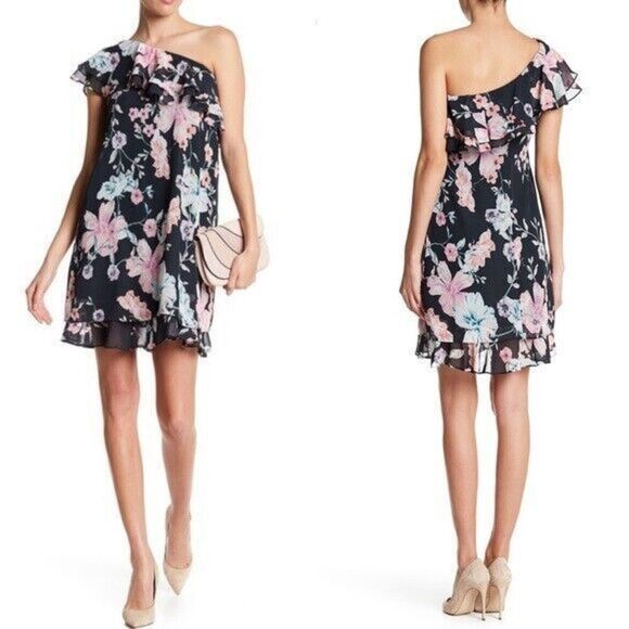 Eliza J Dresses & Skirts - Eliza J Mini Dress Size 10 Black Multi Ruffle One-Shoulder Floral Print Chiffon